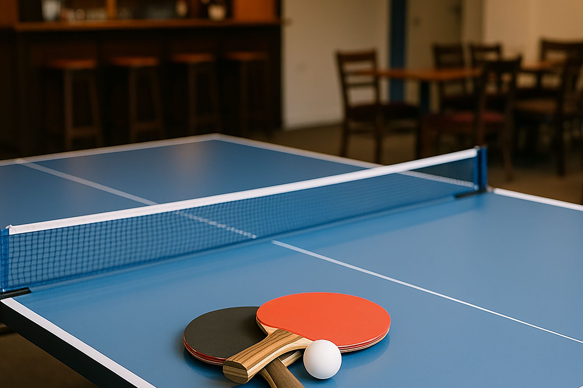 Table tennis paddles and ball on blue table