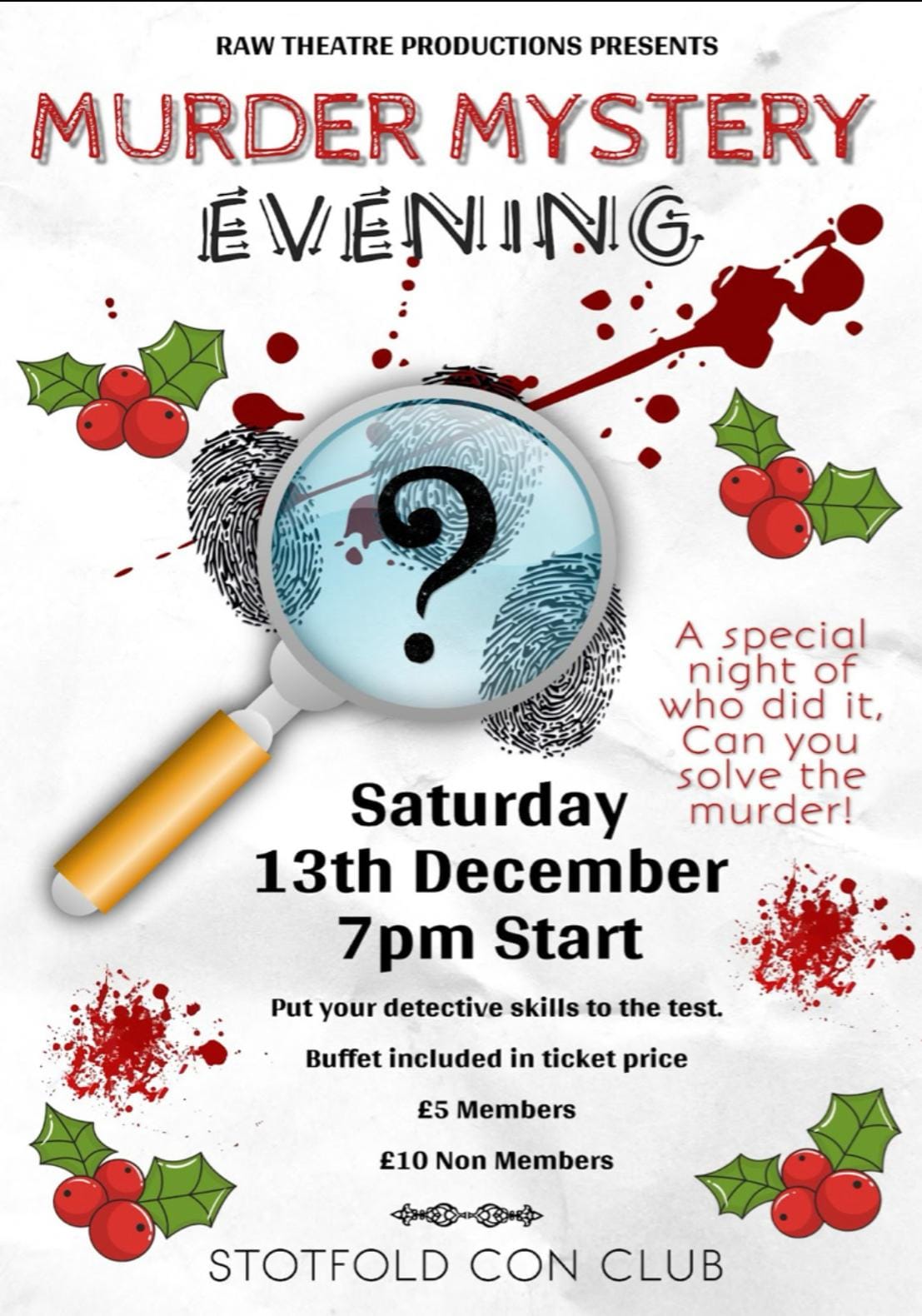 Murder mystery evening poster for Stotfold Con Club event