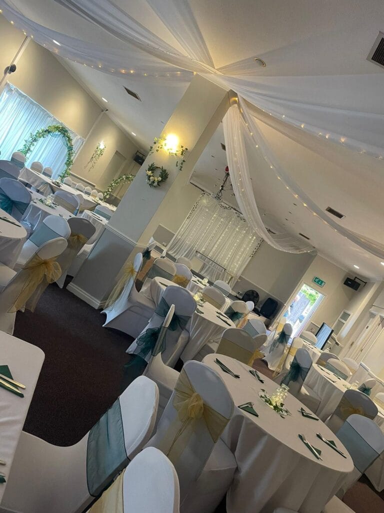 Elegant wedding reception hall with decorated tables