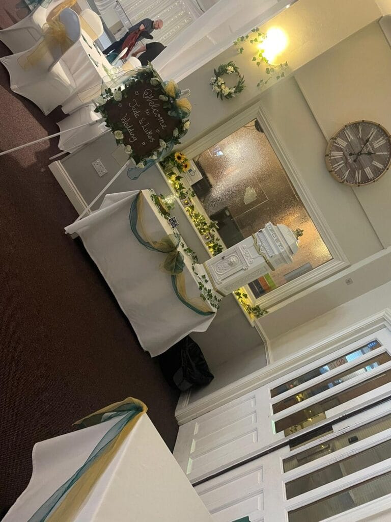 Elegant wedding reception venue with floral decorations