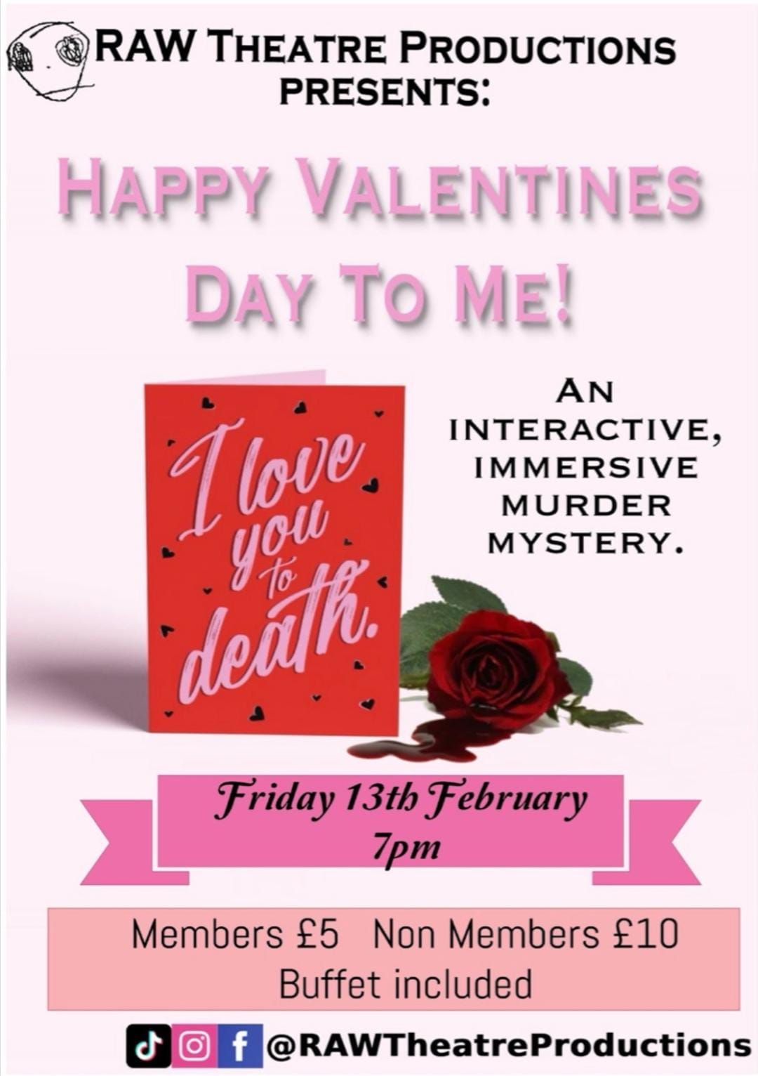 Valentine's themed interactive murder mystery event poster