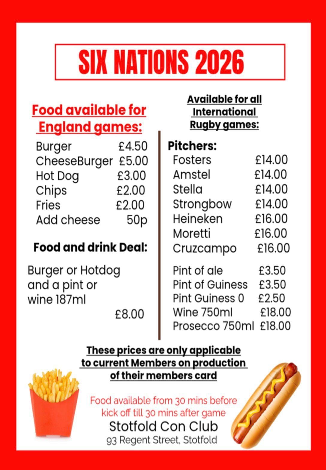 Six Nations 2026 food and drink prices at Stotfold Club
