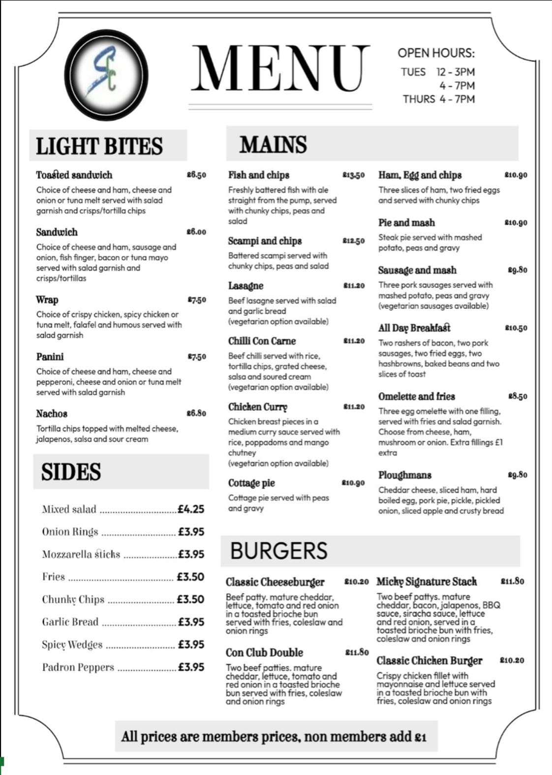 Restaurant menu featuring light bites, mains, sides, and burgers.
