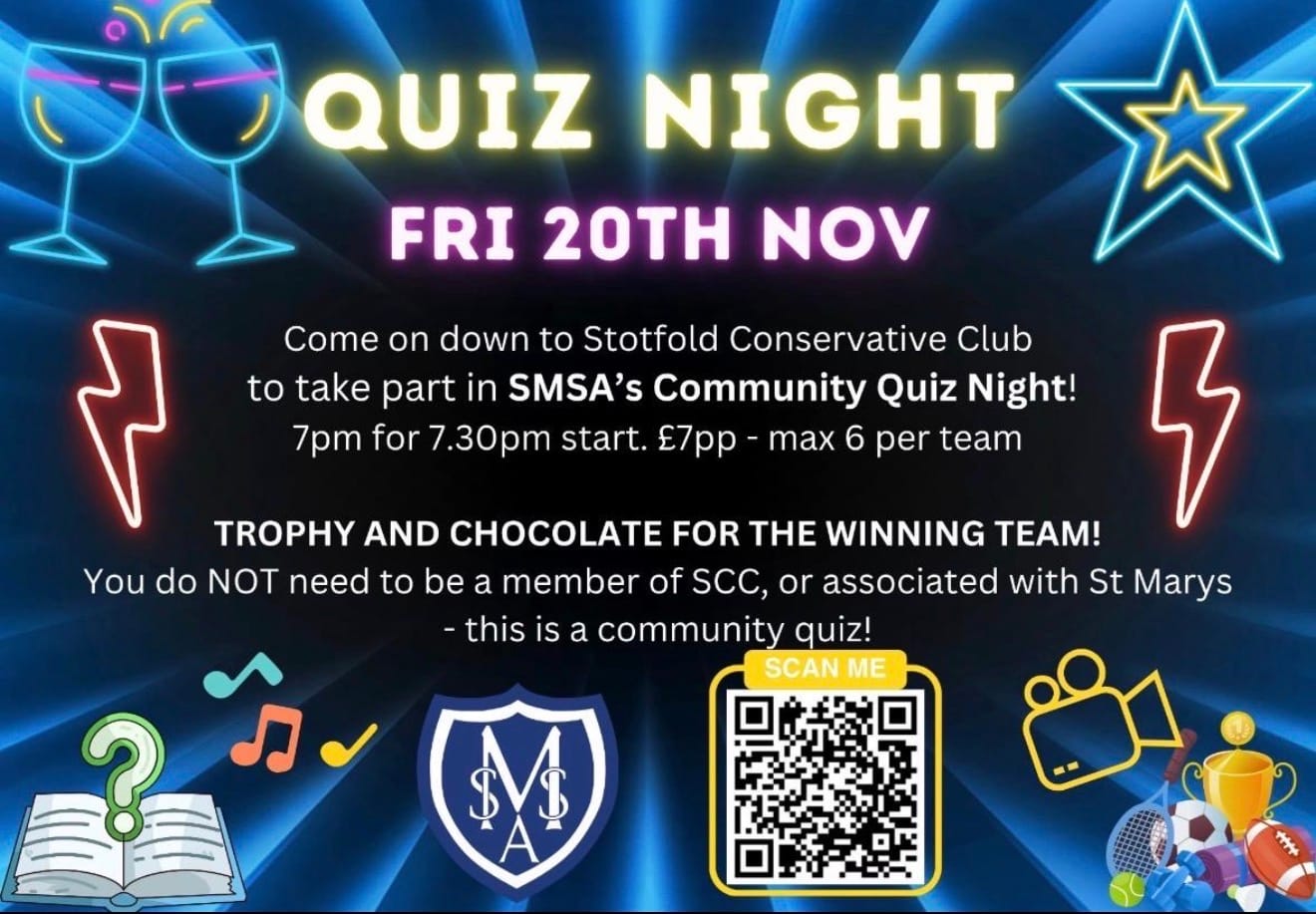 Neon poster advertising Stotfold community quiz night, Friday 20th November