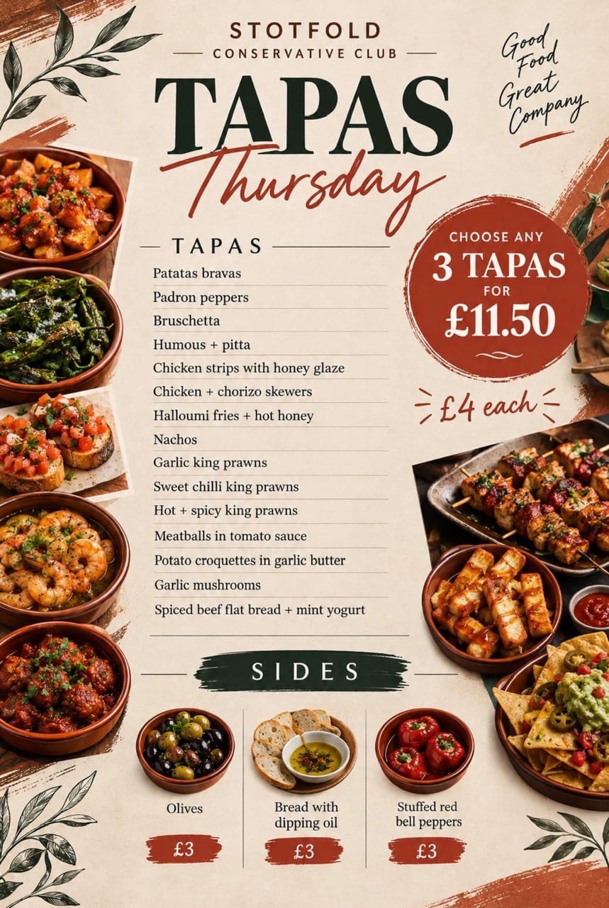 Tapas Thursday menu offer at Stotfold Conservative Club