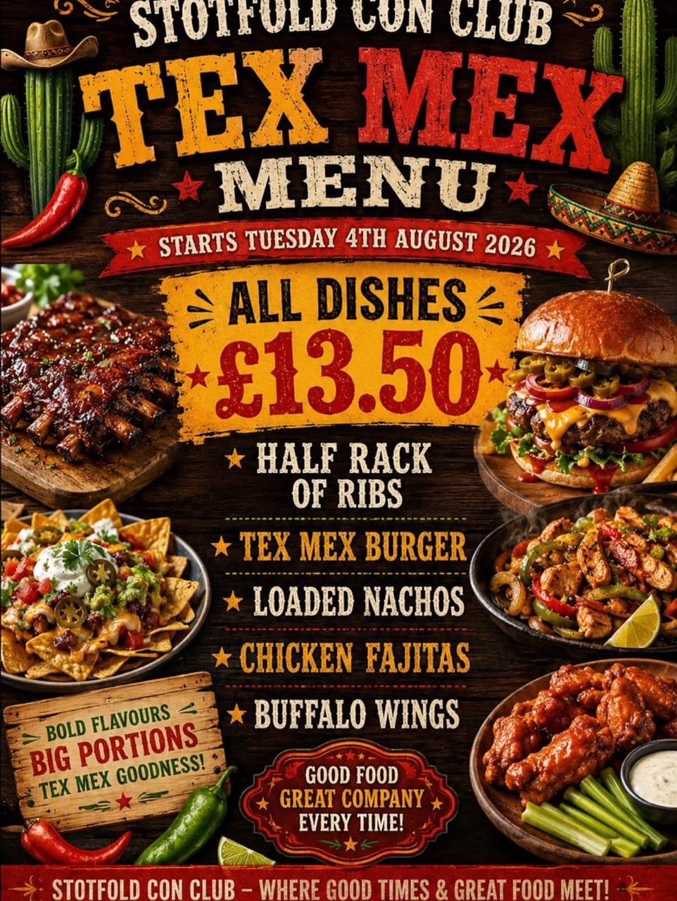 Stotfold Con Club Tex Mex menu, dishes £13.50