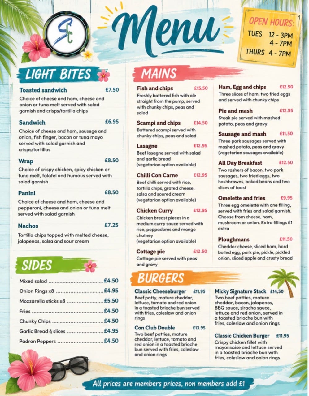 Colourful café menu listing light bites, mains, sides and burgers