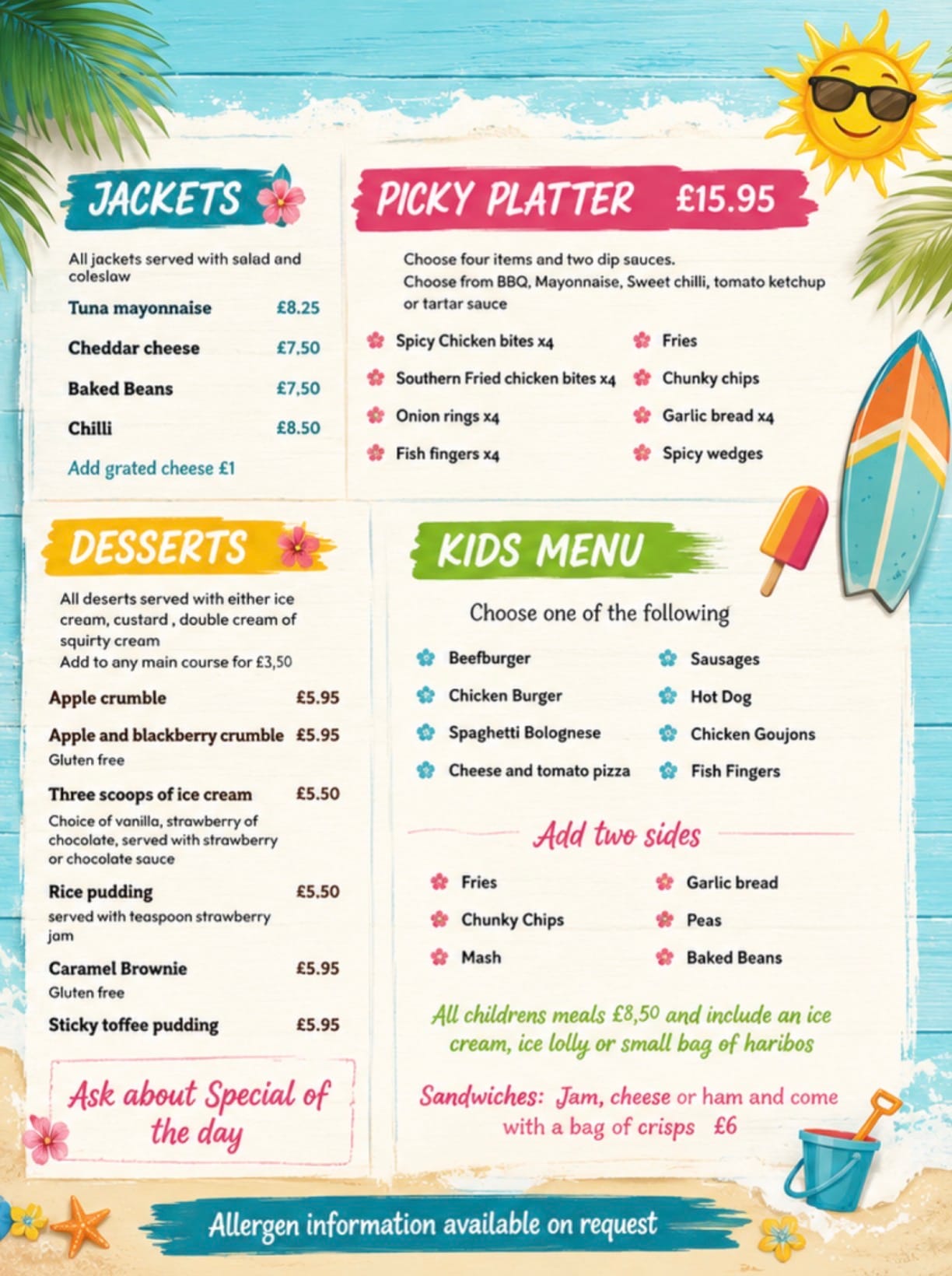 Beach-themed menu featuring jackets, desserts, picky platter and kids meals